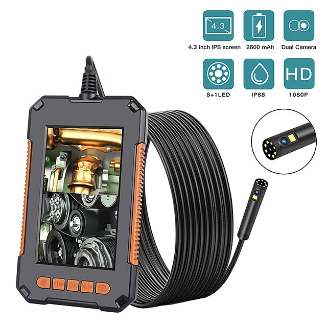  Câmera endoscópica 10m 1080p 8mm hd 4,3 '' tela câmera de inspeção de lente dupla profissional câmera de cobra portátil com 8 led ip68 à prova d'água 10m