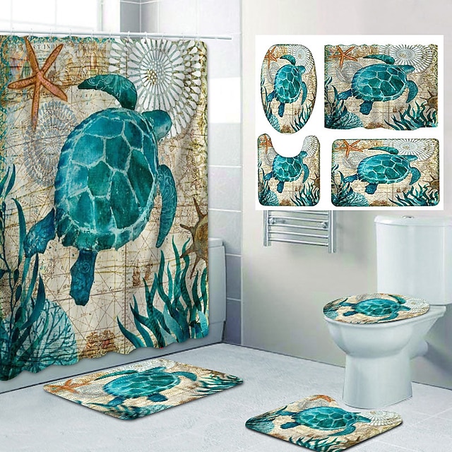  Meeresschildkrötenmuster Druckbad Duschvorhang Freizeit Toilette vierteiliges Design