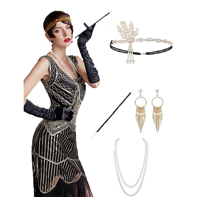  Les rugissantes années 20 1920s Gatsby le magnifique Robe Ensembles d'accessoires de costume Gants Bandeau Garçonne Déguisement Halloween Bijoux de Cheveux Boucles d'Oreille Collier de perles Gatsby
