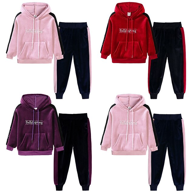  Girls' Kids 2 Piece Tracksuit Sweatsuit Street Athleisure 2pcs Winter Long Sleeve Velour Thermal Warm Breathable Soft Fitness Gym Workout Running Jogging Training Sportswear Stripes Normal Hoodie