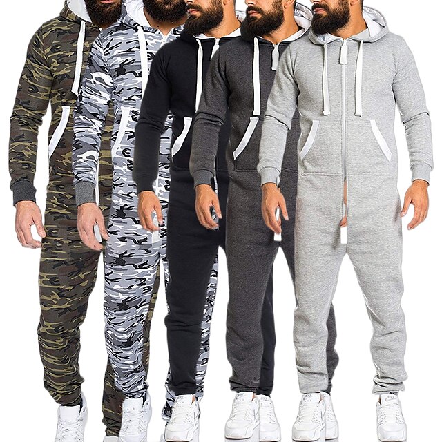  mænds jumpsuit efterår vinter afslappet hættetrøje onesies lynlås lang legetøj joggingtrøje (XXL, hvid)