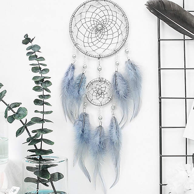  Dream Catcher Handmade Gift with Blue-grey Feather Silver Bead Wall Hanging Decor Art Boho Style 46*11cm
