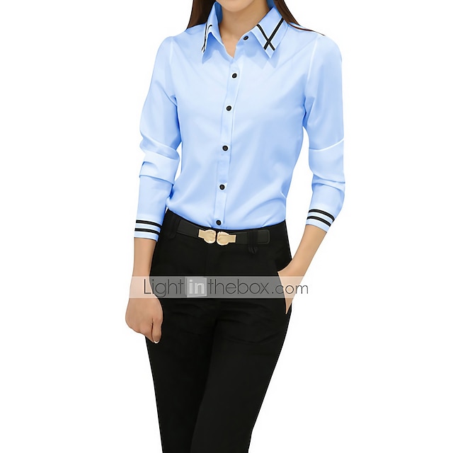  Mulheres Blusa Camisa Social Azul Céu Branco Botão Tecido Trabalho Manga Longa Colarinho de Camisa Básico Diário Trabalho Cor sólida S