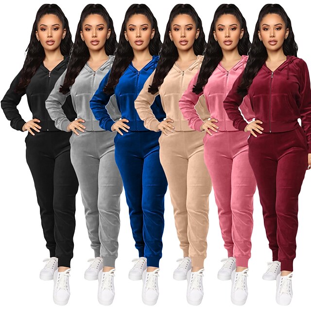  Women's 2 Piece Full Zip Street Casual Tracksuit Sweatsuit Long Sleeve Winter Warm Breathable Soft Velvet Fitness Gym Workout Running Jogging Sportswear Solid Colored Jacket Blue Pink Gray Champagne