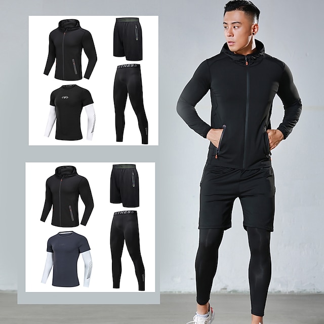  Men's Full Zip Activewear Set Athletic Athleisure 4pcs Winter Long Sleeve Elastane Moisture Wicking Quick Dry Breathable Fitness Gym Workout Running Active Training Jogging Sportswear Solid Colored