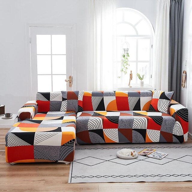  geometrisk trykk 1-delers sofa deksel myk stretch glidelås super passform for 1 ~ 4 pute sofa lenestol/loveseat/tre seters/fire seter/l formet sofa, enkel å installere