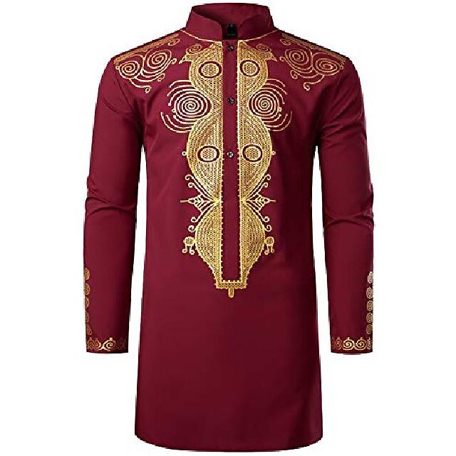  men's african traditional dashiki luxury metallic gold printed mid long wedding shirt burgundy x-large