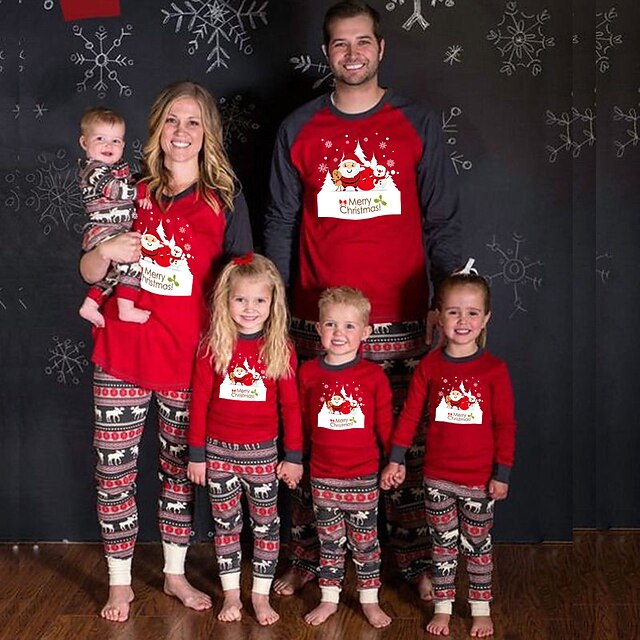  Weihnachten Kleidungsset Familienblick Grafik Buchstabe Bedruckt Rote Langarm Passende Outfits