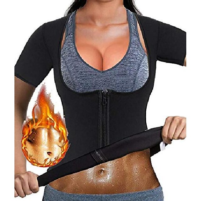  feminino neoprene sauna terno completo modelador de cintura treinador para terno manga zíper espartilho camisa de suor queimador de gordura (preto, s)