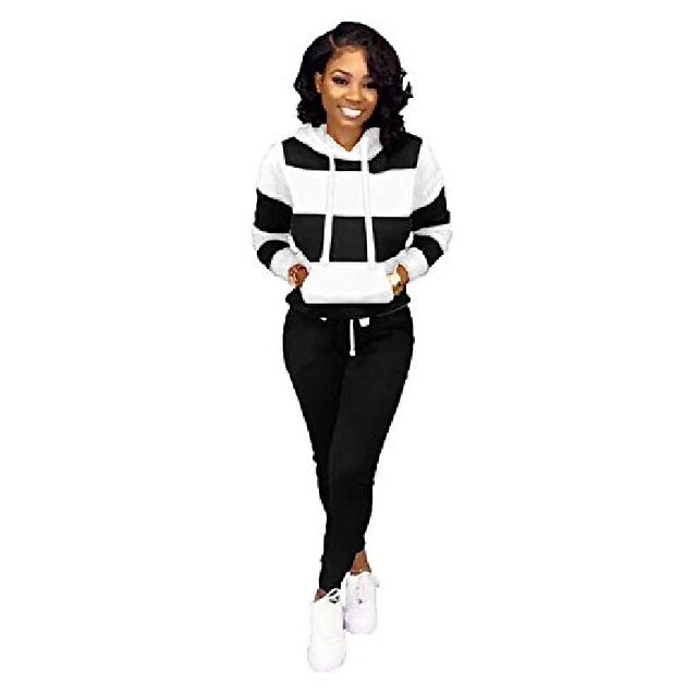  women 2 pieces stripe tracksuit set sweatshirt sportsuit hoodies top and jogger pants sportwear set black