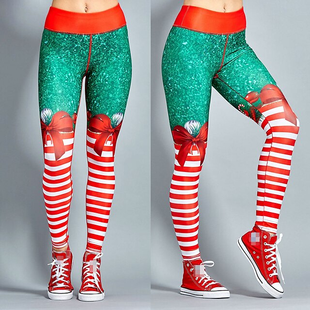  Women's Running Tights Leggings Compression Pants Street Base Layer Bottoms Spandex Winter Fitness Gym Workout Running Training Exercise Tummy Control Butt Lift Breathable Sport 3D Christmas Red and