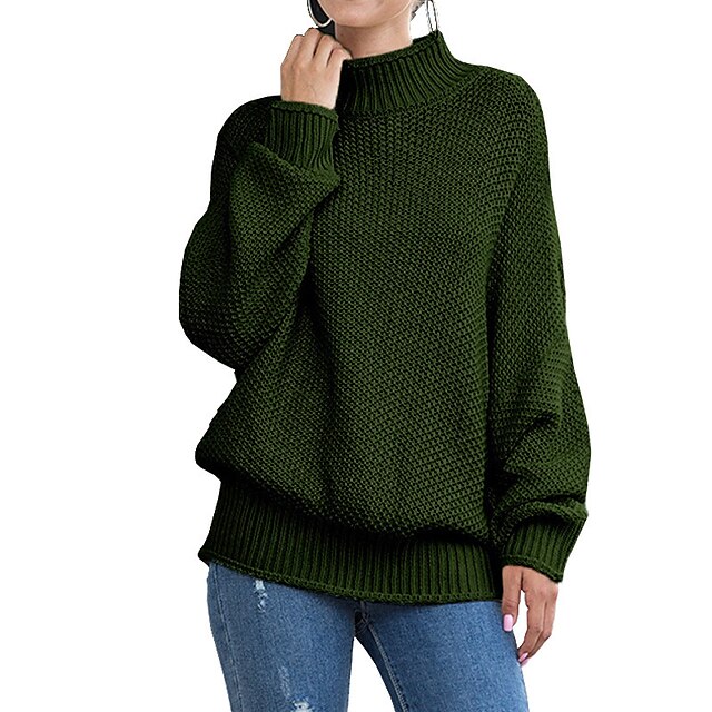  Mulheres Suéter Côr Sólida Dia de São Patrício Manga Longa Casacos de malha Gola Alta Azul marinho Vermelho Vinho Exército verde