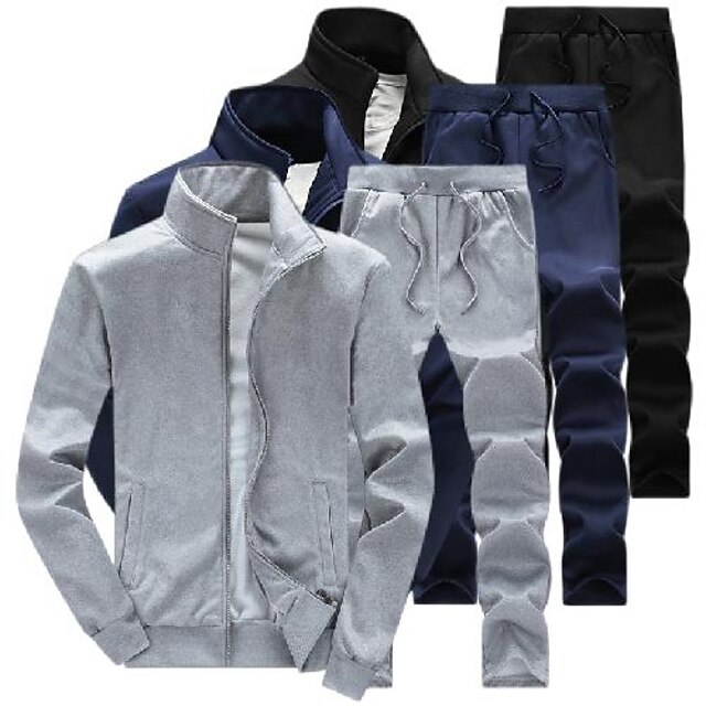  Men's 2 Piece Full Zip Tracksuit Sweatsuit Jogging Suit Street Casual 2pcs Winter Long Sleeve Thermal Warm Moisture Wicking Breathable Fitness Running Active Training Jogging Sportswear Solid Colored