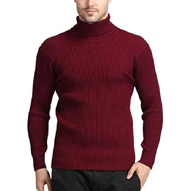  amitafo herre afslappet turtleneck sweater pullover langærmet behagelig slim fit blød stretch rullehals polo strikket trøje, rød, l