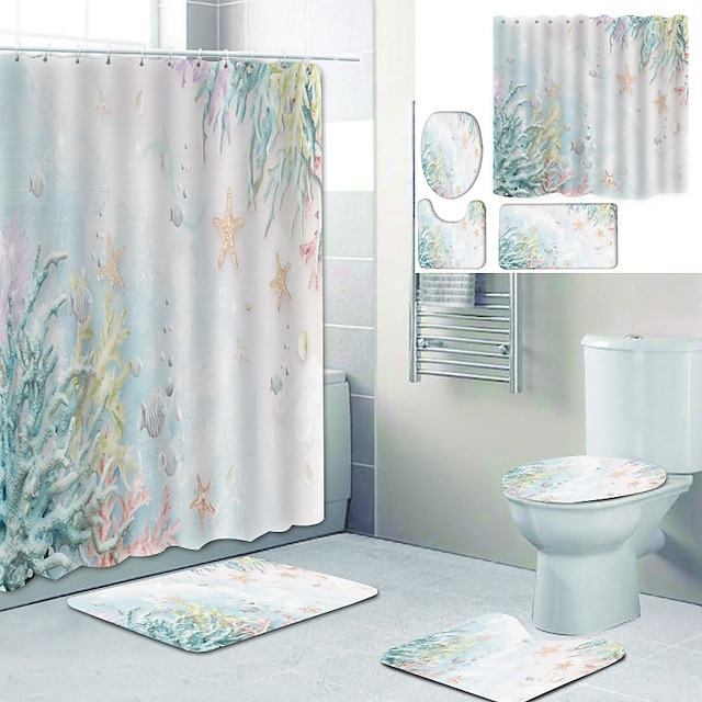  4 Pcs Vintage Ocean Printed Bathtub Curtain Sets with Rugs, Toilet Lid Cover, Contour Pad and Bath Mat With Hooks Shower Curtain Polyester Waterproof 
