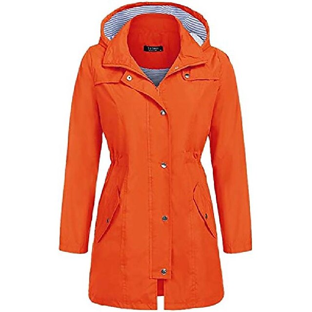  womens rain coat lightweight hooded long raincoat outdoor breathable rain jackets waterproof trench jackets orange