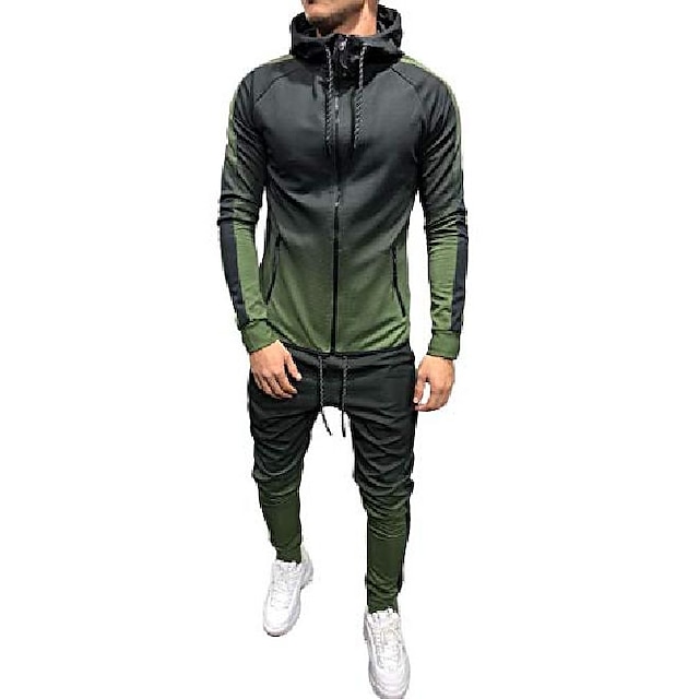  mens tracksuit set full zip hoodie and jogger pants patchwork warm sports suit (gradient green set, m)