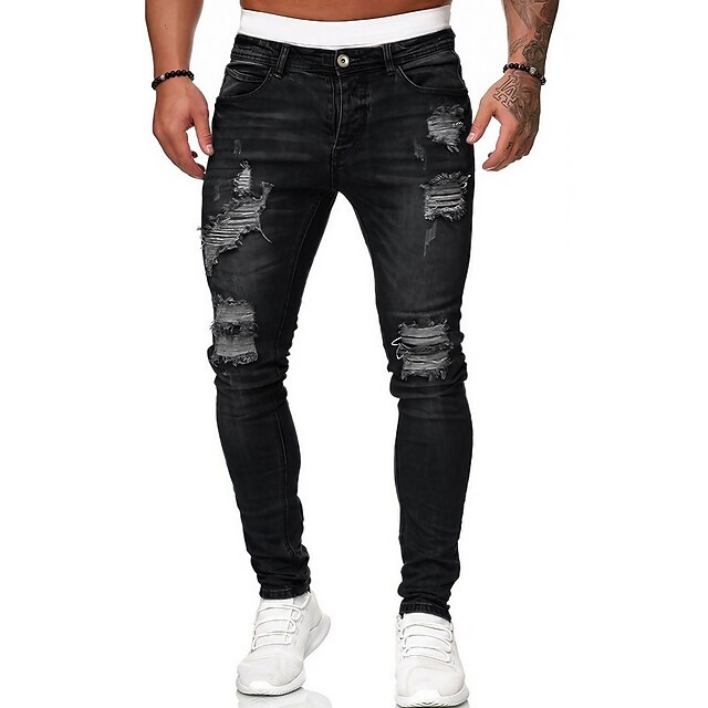  Herre Jeans Avsmalnende bukser Bukser Distressed Jeans Hullete jeans Lomme dratt Komfort Daglig Ut på byen Gatemote Klassisk Svart Blå Elastisk