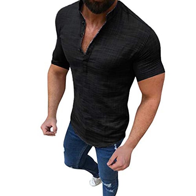  Men's Linen Shirt Summer Shirt Beach Shirt Black White Blue Short Sleeve Solid Color Collar Casual Daily Clothing Apparel