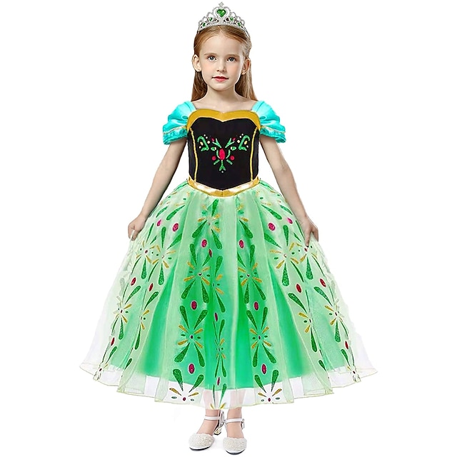  Princesas Anna Vestidos Ropa de Fiesta Vestido de navidad Chica Cosplay de película Enagua de línea A vestido de vacaciones Verde Verde (con accesorios) Navidad Día del Niño Año Nuevo Boda Invitado a