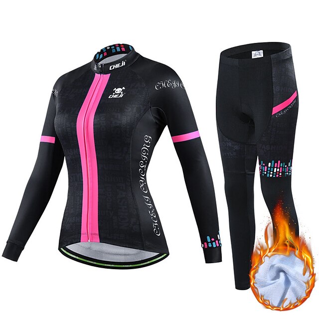  cheji® Women's Long Sleeve Cycling Jersey with Tights Winter Fleece Spandex Polyester Pink Green Silver Bike Clothing Suit Thermal Warm Fleece Lining 3D Pad Quick Dry Breathable Sports Patterned