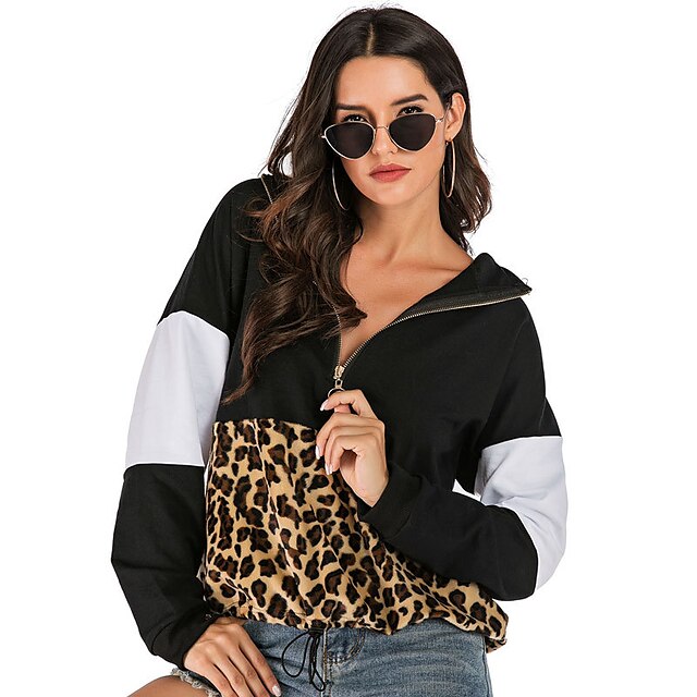  Women's Hoodie Pullover Black Leopard Print Patchwork Standing Collar Color Block Leopard Cute Sport Athleisure Hoodie Top Long Sleeve Comfortable Everyday Use Casual Daily / Winter