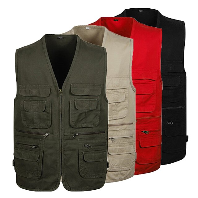  Men's Fishing Vest Hiking Vest Outerwear Trench Coat Top Outdoor Autumn / Fall Spring Quick Dry Lightweight Breathable Multi Pockets Cotton Red Army Green Khaki Hunting Fishing Climbing