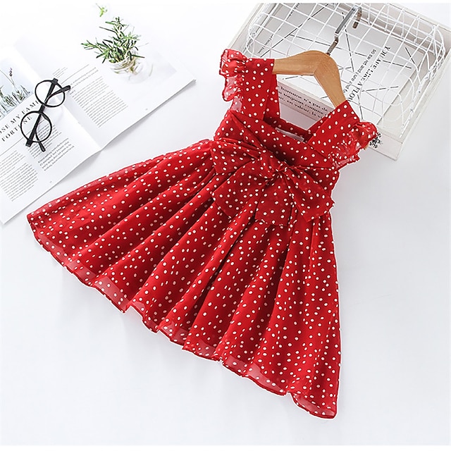  Kids Little Girls' Dress Polka Dot Sundress Mesh Bow Print Red Cotton Sleeveless Basic Cute Dresses Regular Fit