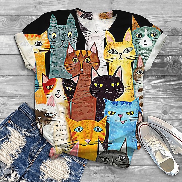  Women's Plus Size Tops T shirt Tee Cat Graphic Short Sleeve Print Basic Streetwear Preppy Cowl Neck Cotton Spandex Jersey Daily Spring Summer / Regular Fit / Boat Neck