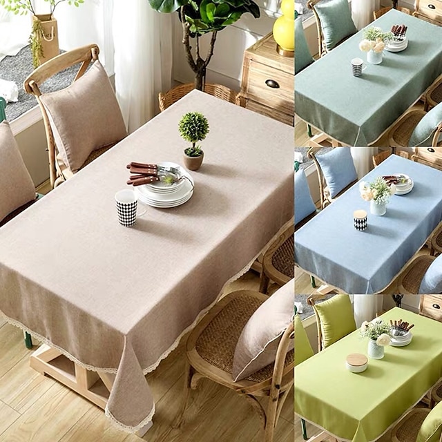  Waterproof Linen Cotton Tablecloth Solid Color with Lace for Kitchen Dining Table Coffee Table TV Cabinet