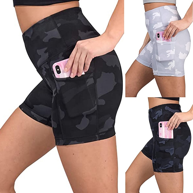  Women's High Waist Compression Shorts Running Tight Shorts Athletic Bottoms with Phone Pocket Winter Fitness Gym Workout Running Active Training Quick Dry Breathable Power Flex Sport Black Army Green