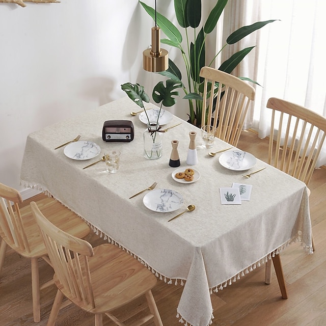  Mantel de arte nórdico de bambú anudado de lino con borla mantel mesa de té y café para mesa de comedor decoración de la habitación del hogar