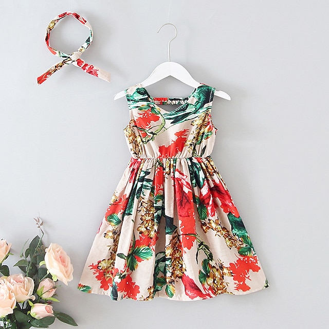  Toddler Little Girls' Dress Floral Sundress Print Red Midi Sleeveless Sweet Dresses Regular Fit