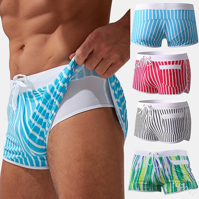  Men's Swim Trunks Swim Shorts Board Shorts Bathing Suit Drawstring 2 in 1 with Pockets Swimming Surfing Beach Water Sports Stripes Summer