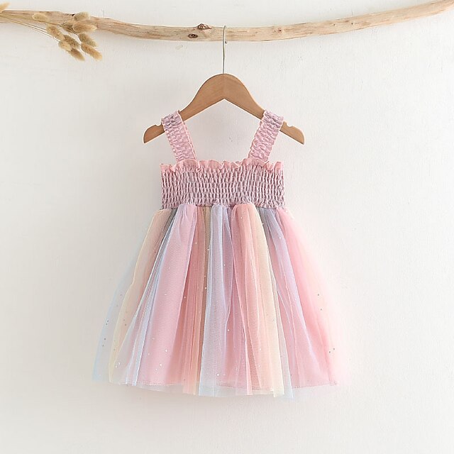  Kids Little Girls' Dress Patchwork Sundress Mesh Patchwork Pink Cotton Sleeveless Basic Essential Cute Dresses Regular Fit