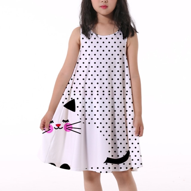  Kids Little Girls' Dress Cat Polka Dot Animal Print White Knee-length Sleeveless Flower Active Dresses Summer Regular Fit 5-12 Years