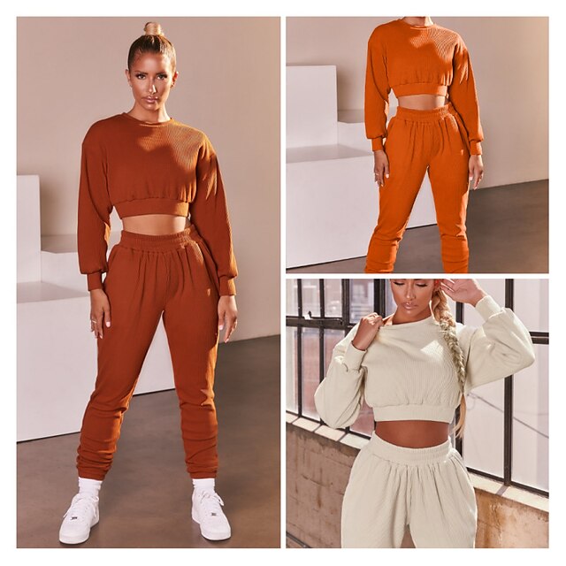  Women's 2 Piece Casual Athleisure Tracksuit Sweatsuit 2pcs Long Sleeve Winter High Waist Thermal Warm Moisture Wicking Breathable Fitness Running Jogging Exercise Sportswear Solid Colored Rust Red