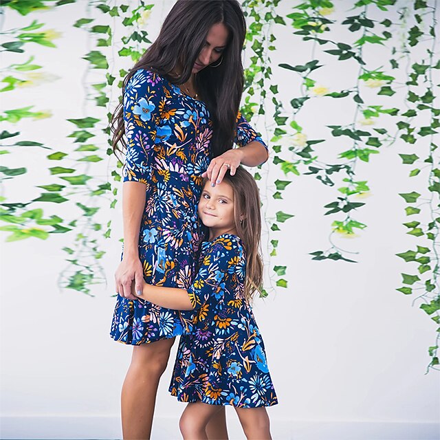  Mama und ich Kleid Grafik Bedruckt Blau Maxi Ärmellos Passende Outfits / Sommer