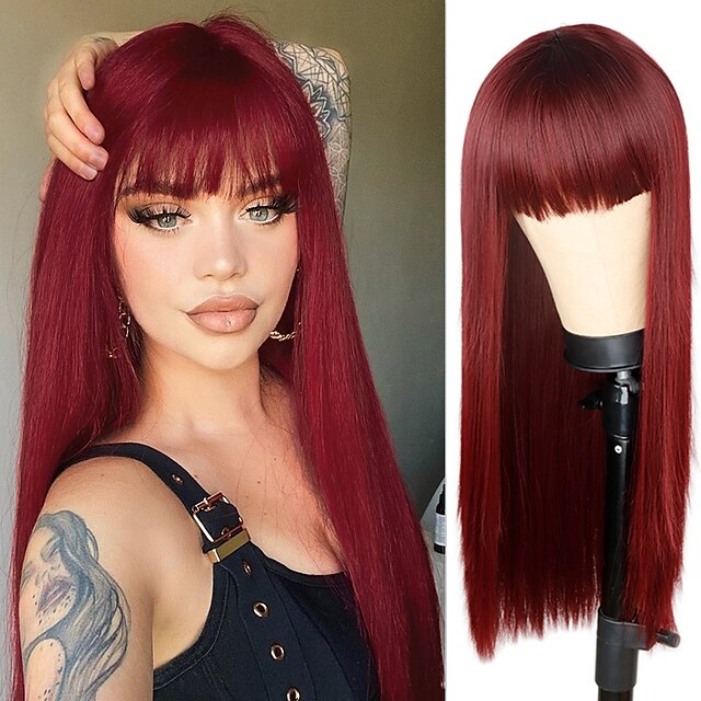  Synthetic Wig Natural Straight Braid Neat Bang Wig Burgundy Long A1 A2 A3 A4 A5 Synthetic Hair Women's Cosplay Party Fashion Burgundy Mixed Color