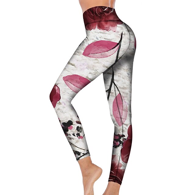  21Grams® Women's Yoga Pants High Waist Tights Leggings Floral / Botanical Tummy Control Butt Lift White Fitness Gym Workout Running Winter Sports Activewear High Elasticity