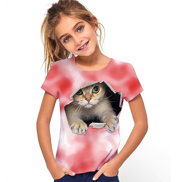  Jente 3D Katt T skjorte Kortermet 3D-utskrift Sommer Aktiv søt stil Polyester Barn 3-12 år utendørs Daglig Normal