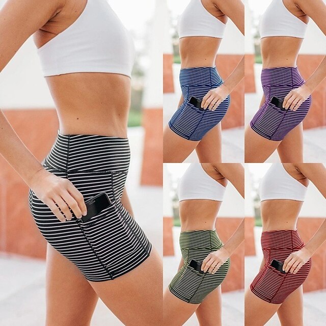  Women's Yoga Shorts High Waist Shorts Side Pockets Stripes Tummy Control Butt Lift Quick Dry Black Green Purple Yoga Fitness Gym Workout Sports Activewear Skinny Stretchy / Athletic / Athleisure