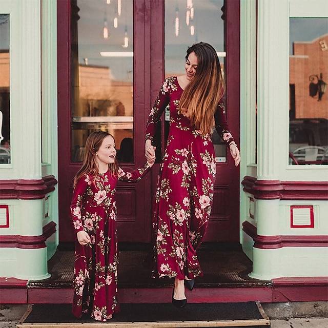  Mamãe e eu Vestido Casual Flor Imprimir Vermelho Longo Manga Longa Floral Roupas Combinando / Outono / Primavera / Verão