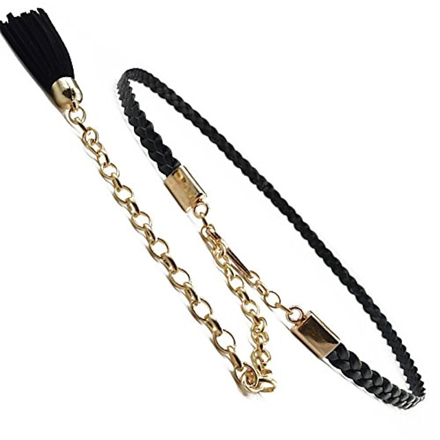  moyoto women's stylish braided waist chain belt thin leather belts for dress with tassels (black)