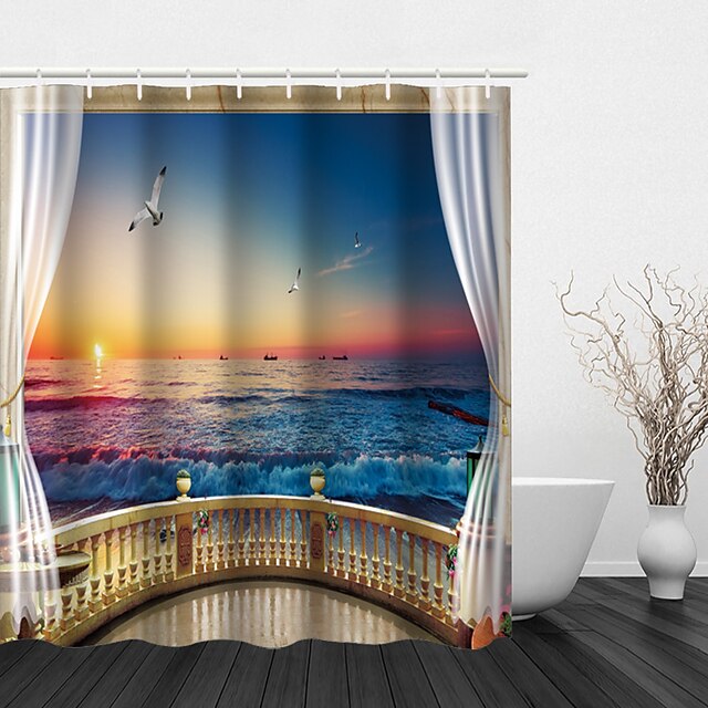  Shower Curtains with Hooks Seaside Scenery Polyester Fabric Waterproof Shower Curtain for Bathroom 72 Inch