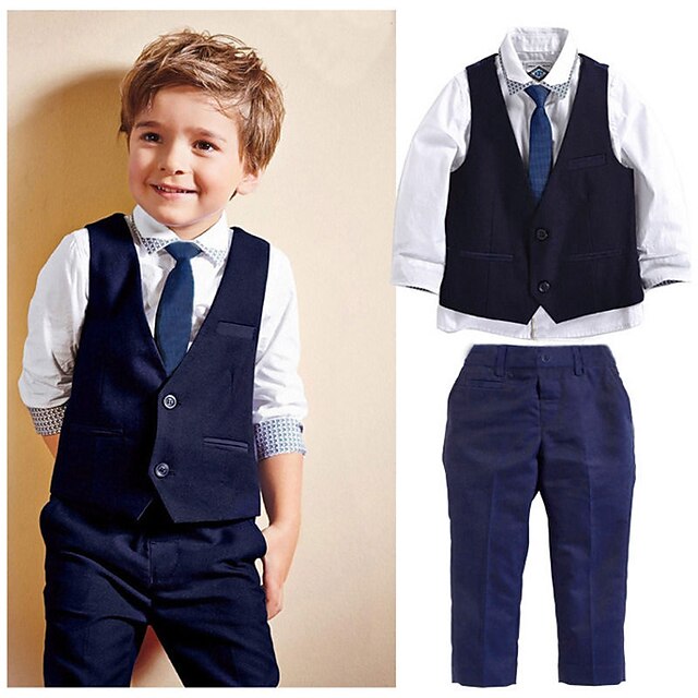  Kids Toddler Boys Suit Vest Shirt & Pants Formal Set Long Sleeve 4 Pieces Navy Blue Party Street Regular Active Basic 2-6 Years / Summer