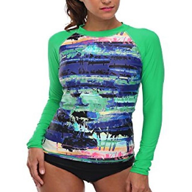  womens long sleeve uv protection rash vest swimwear printed rashguard slim fit rash top green l