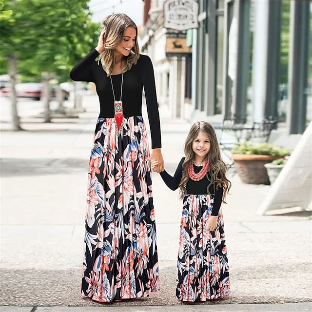  Family Look Dress Graphic Print Black Maxi Long Sleeve Matching Outfits / Summer