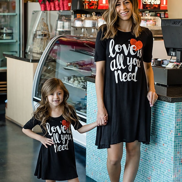  Mommy and Me Dress Graphic Print Black Knee-length Short Sleeve Matching Outfits / Summer