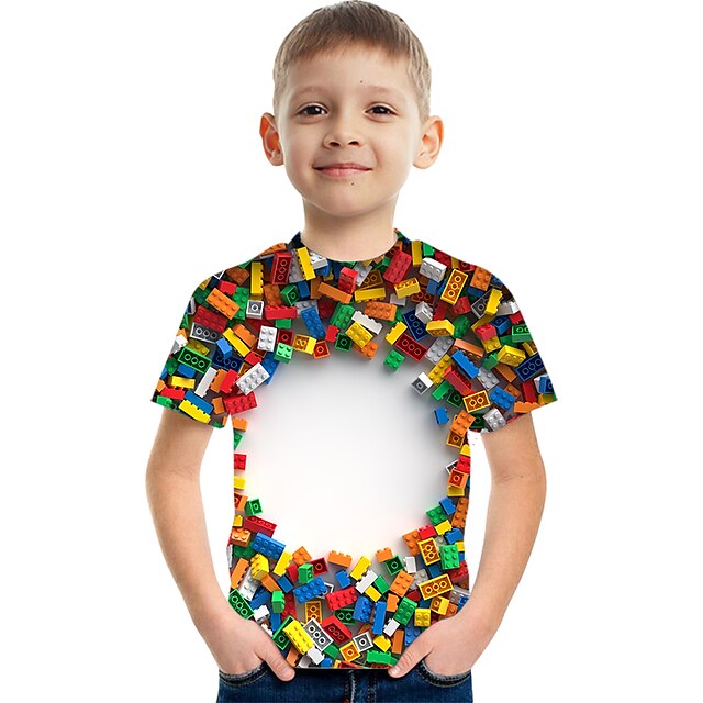  børn drenge byggeklodser t-shirt kortærmet 3d print optisk illusion regnbue børn toppe sommer yndig daglig skole udendørs 3-12 år